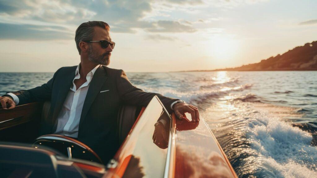 Ein eleganter Mann in einem Anzug genießt die Fahrt auf einem luxuriösen Boot bei Sonnenuntergang, symbolisierend den luxuriösen Lebensstil, den man durch das Eurojackpot online spielen erreichen kann.
