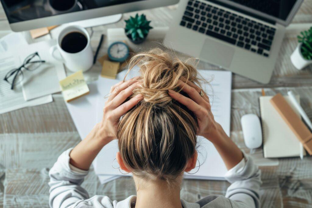 Eine Frau hält sich gestresst den Kopf am Schreibtisch mit Laptop, Notizen und Kaffeetasse. Das Bild symbolisiert Stress im Arbeitsalltag und die Bedeutung von effektivem Stressmanagement und Entspannungstechniken.