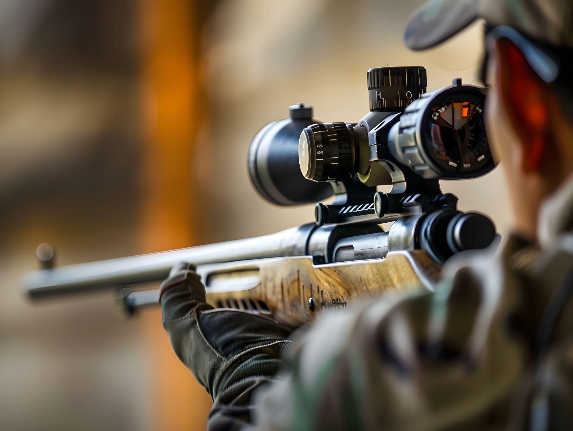 Ein Schütze in Tarnkleidung zielt mit einer Druckluftwaffe durch ein Zielfernrohr. Die Person ist von hinten zu sehen, während der Fokus auf der Waffe und dem präzisen Visier liegt, was Konzentration und Genauigkeit im Schießsport symbolisiert.