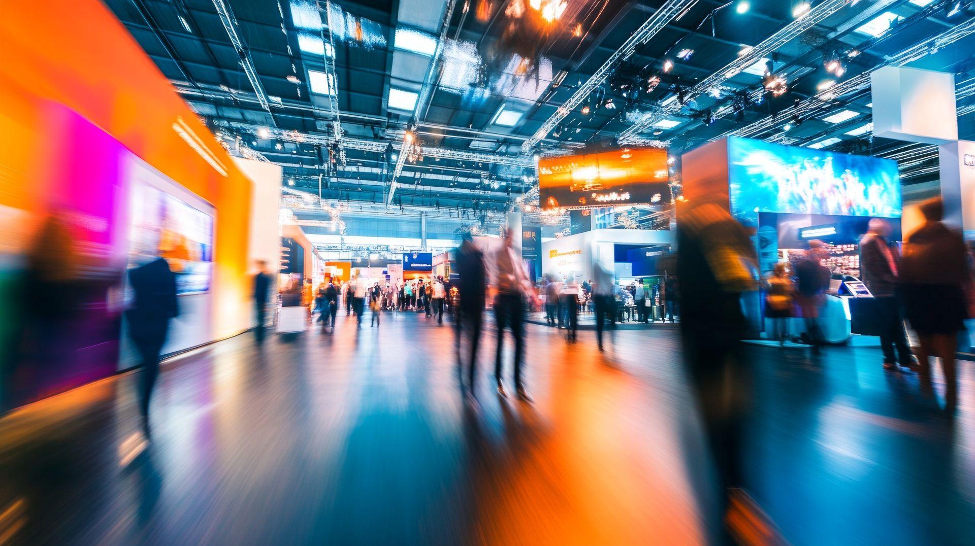 Belebte Messehalle mit mobilen Werbeflaechen – Besucher bewegen sich zwischen leichten, farbigen Staenden mit faltbaren Systemen