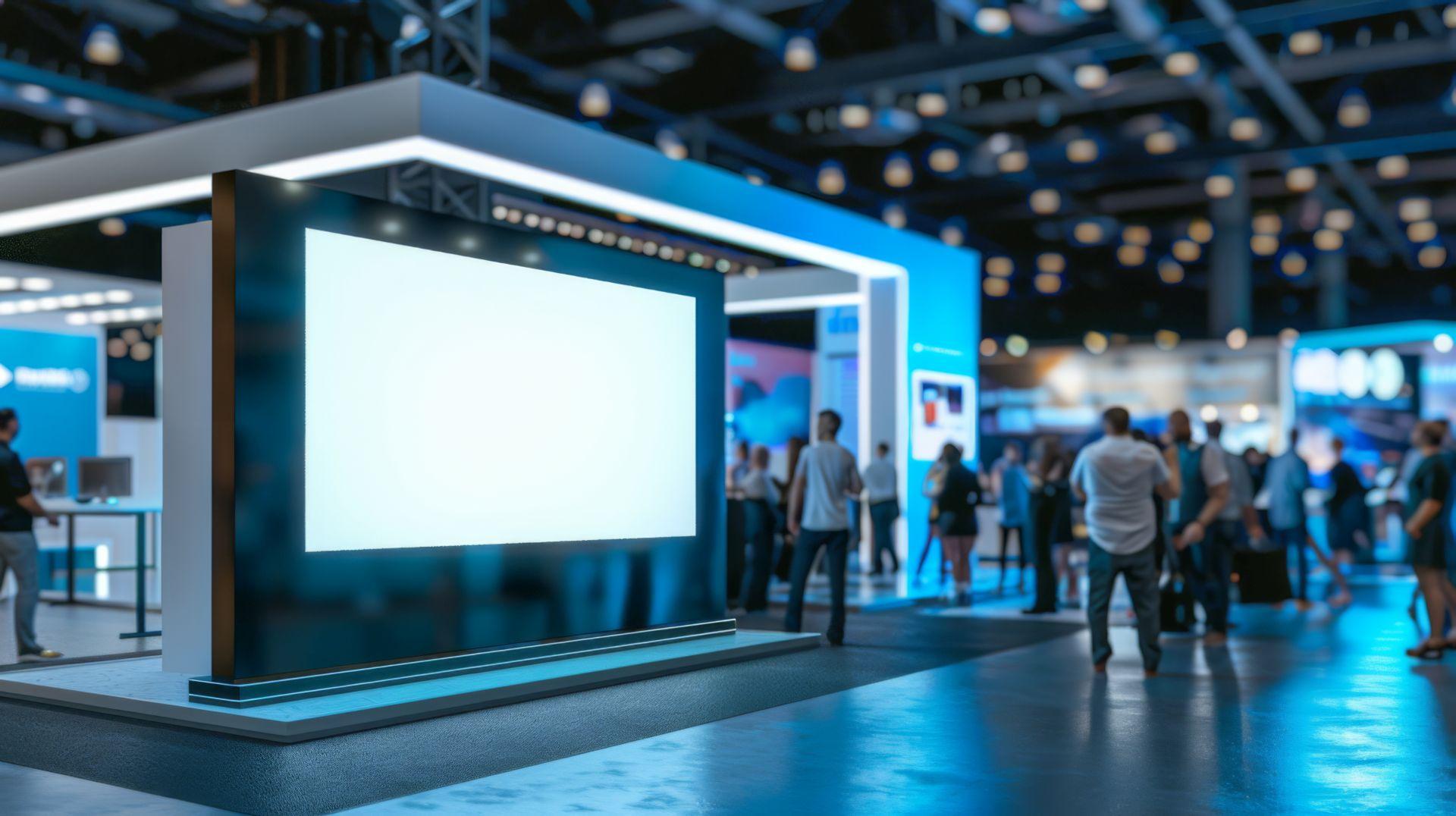 Moderne Messewand faltbar mit grossem Display auf Fachmesse – mobiler Messestand mit LED-Rahmen und Besuchern im Hintergrund