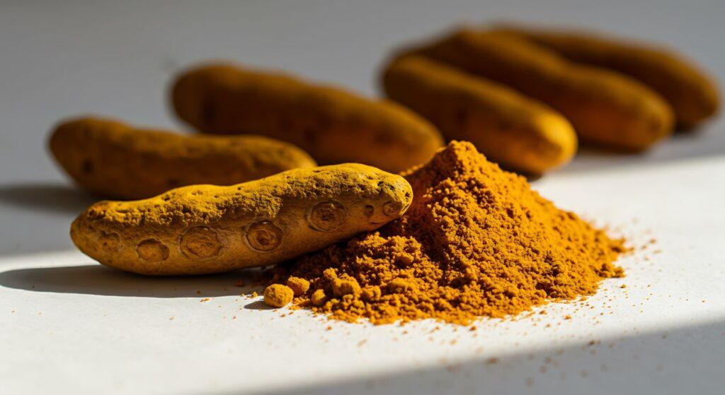Kurkuma als natuerliches Pulver neben der Heilerde – beide gelten als bewahrte Hausmittel zur Unterstuetzung von Verdauung und Entzuendungshemmung
